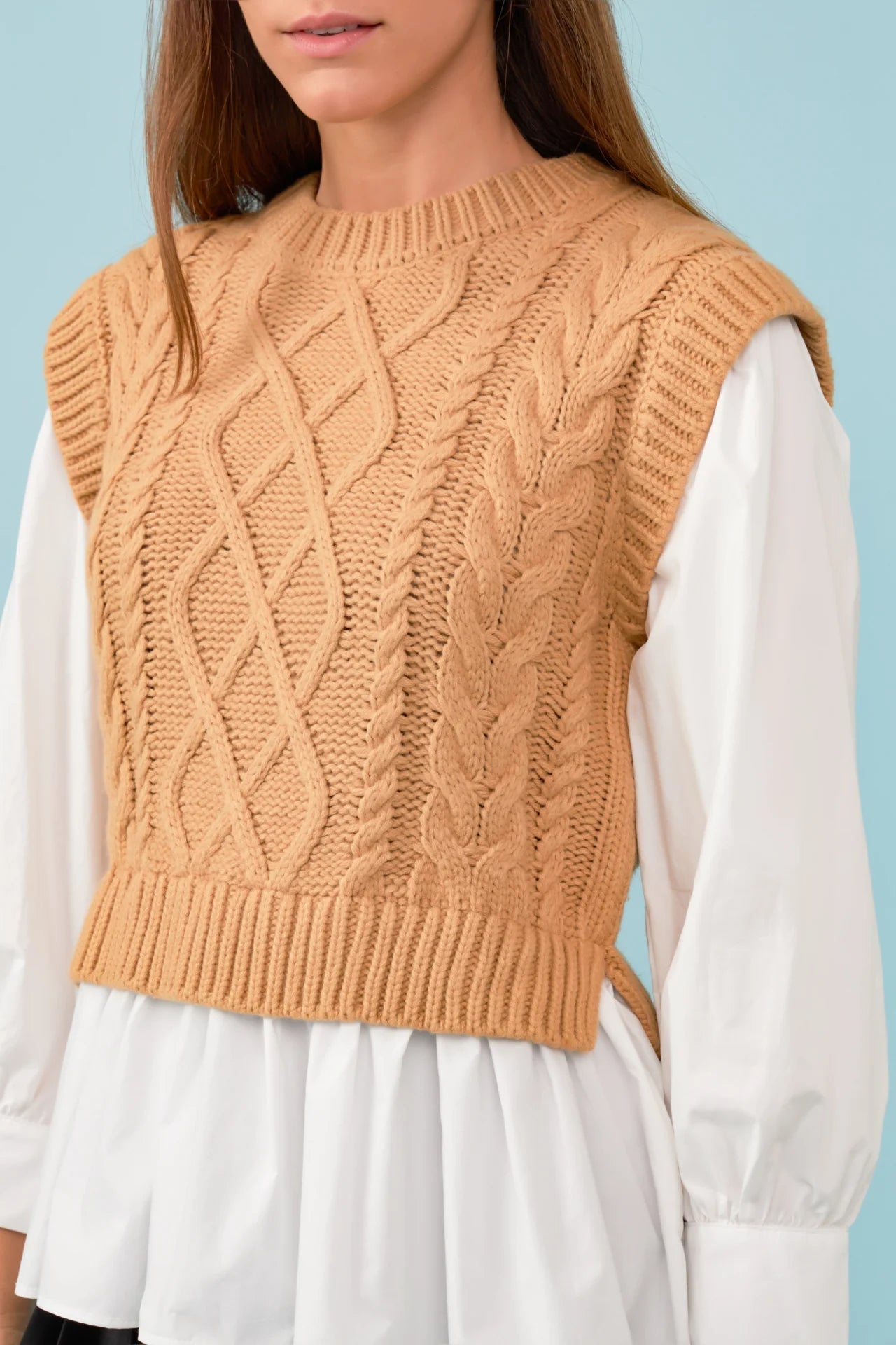 Tan Cable Knit Sweater - Lush Lemon - Women's Clothing - English Factory - 11503