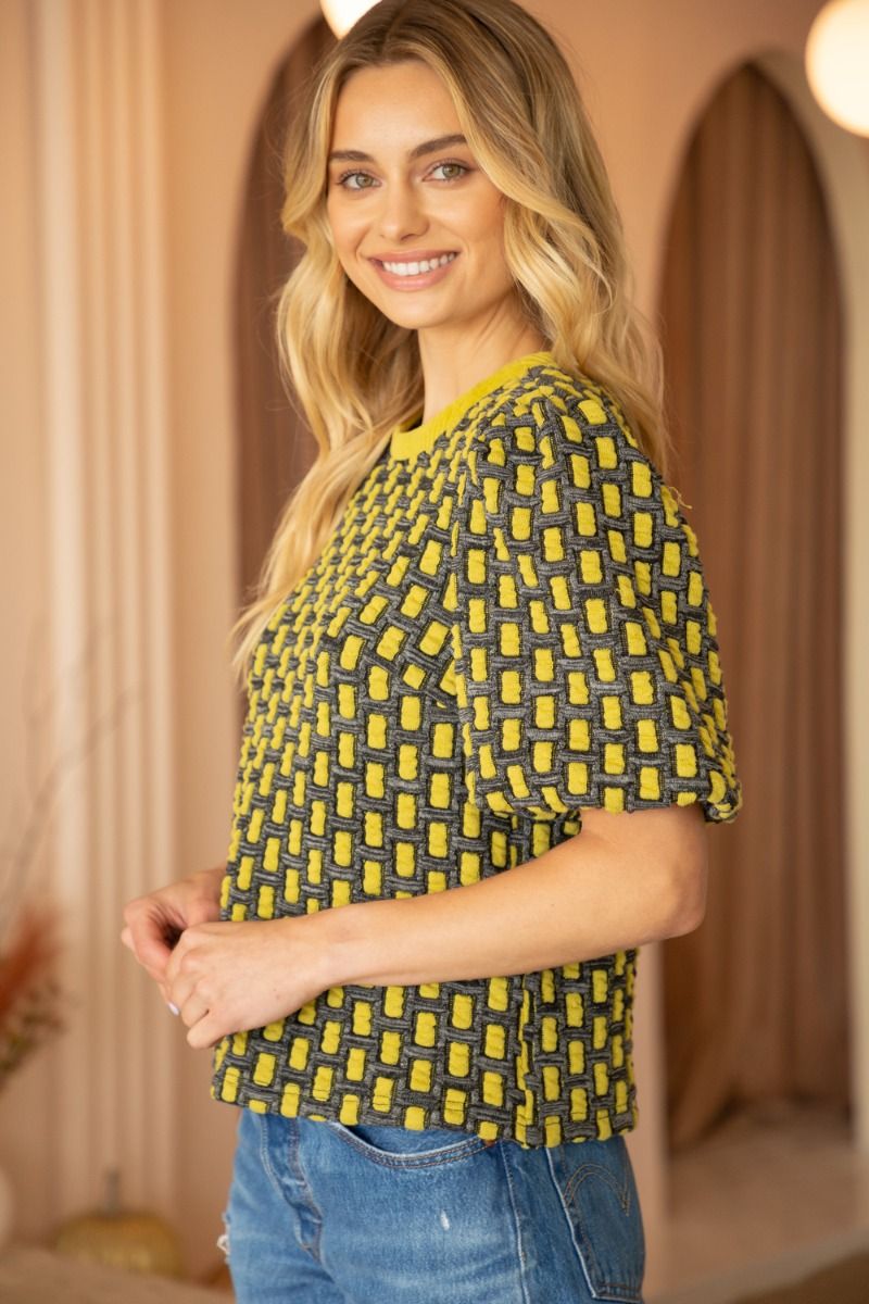 Textured Knit Bubble Sleeve Top - Lush Lemon - Women's Clothing - Voy - 33174331741