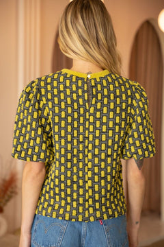 Textured Knit Bubble Sleeve Top - Lush Lemon - Women&