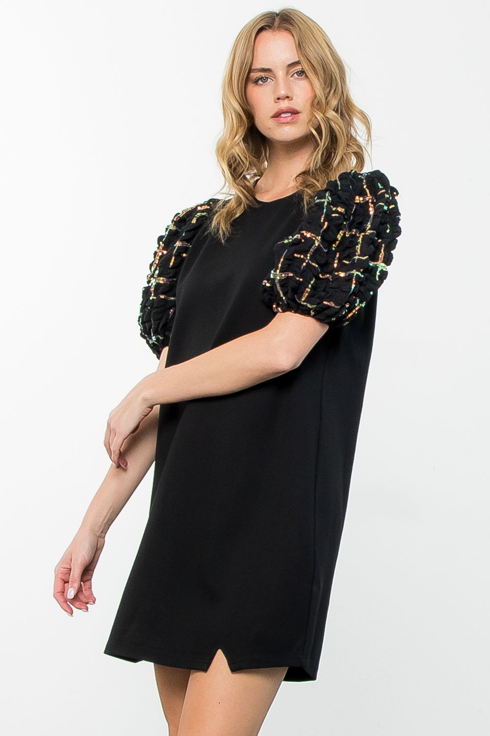 Textured Puff Sleeve Dress - THML - Lush Lemon Black / XS Textured Puff Sleeve Dress - THML - Lush Lemon Black / XS