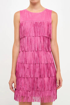 Tiered Suede Fringe Mini Dress - Lush Lemon - Women&