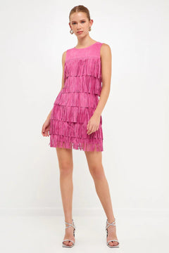 Tiered Suede Fringe Mini Dress - Lush Lemon - Women&