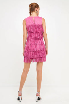 Tiered Suede Fringe Mini Dress - Lush Lemon - Women&