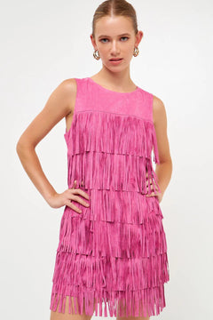 Tiered Suede Fringe Mini Dress - Lush Lemon - Women&