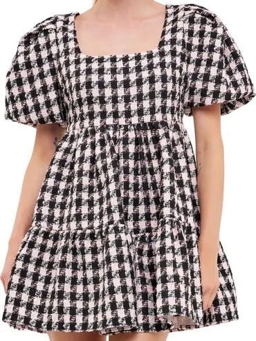 Tweed Puff Sleve Mini Dress - Lush Lemon - Women's Clothing - English Factory - 11510