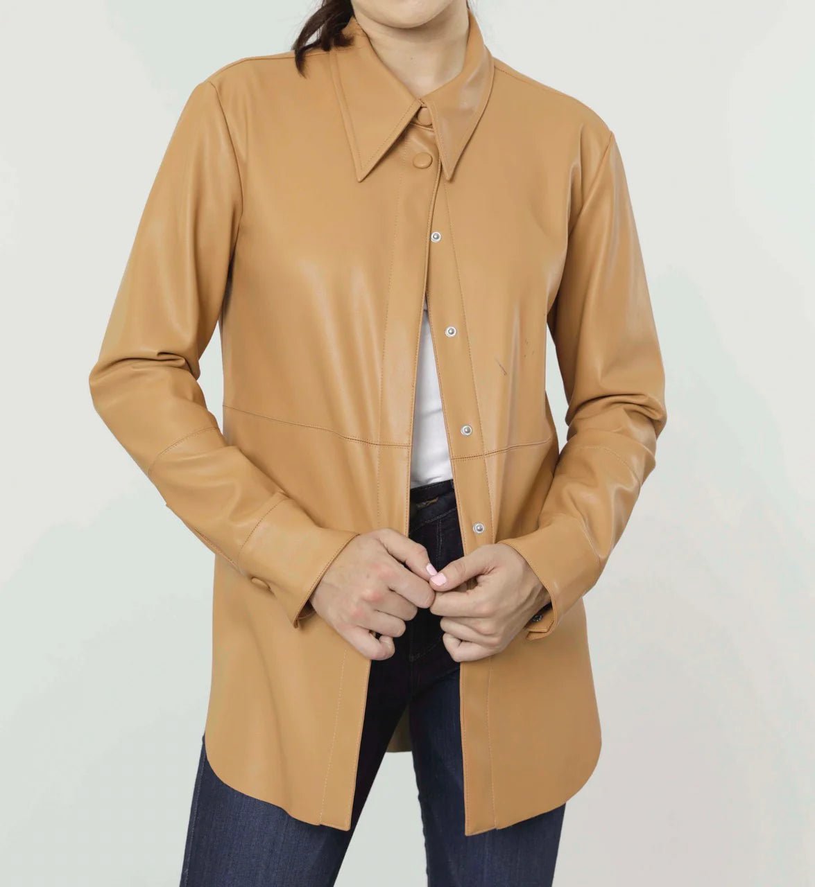 Vegan Leather Button-Down Shirt - Lush Lemon - Women's Clothing - Dolce Cabo - 10743