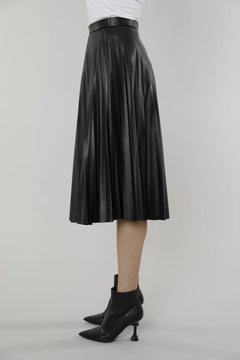 Vegan Leather Pleated Skirt Midi - Lush Lemon - Women&