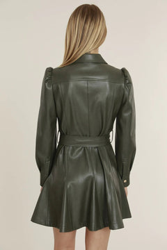 Vegan Leather Puff Shoulder Belted Dress - Lush Lemon - Women&