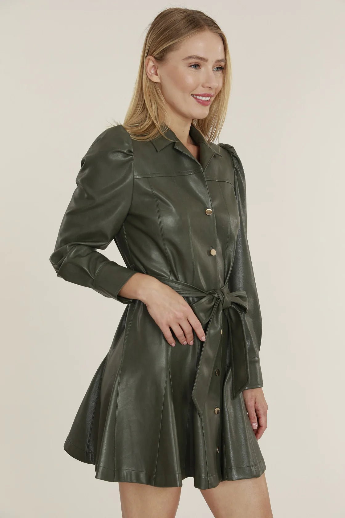 Vegan Leather Puff Shoulder Belted Dress - Lush Lemon - Women's Clothing - Dolce Cabo - 13652
