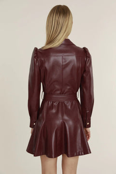 Vegan Leather Puff Shoulder Belted Dress - Lush Lemon - Women&