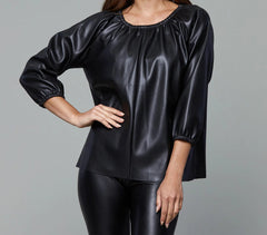 Vegan Leather Puff Sleeve Top - Lush Lemon - Women&