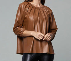 Vegan Leather Puff Sleeve Top - Lush Lemon - Women&