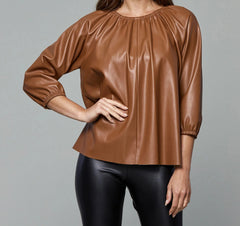 Vegan Leather Puff Sleeve Top - Lush Lemon - Women&