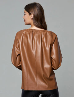 Vegan Leather Puff Sleeve Top - Lush Lemon - Women&