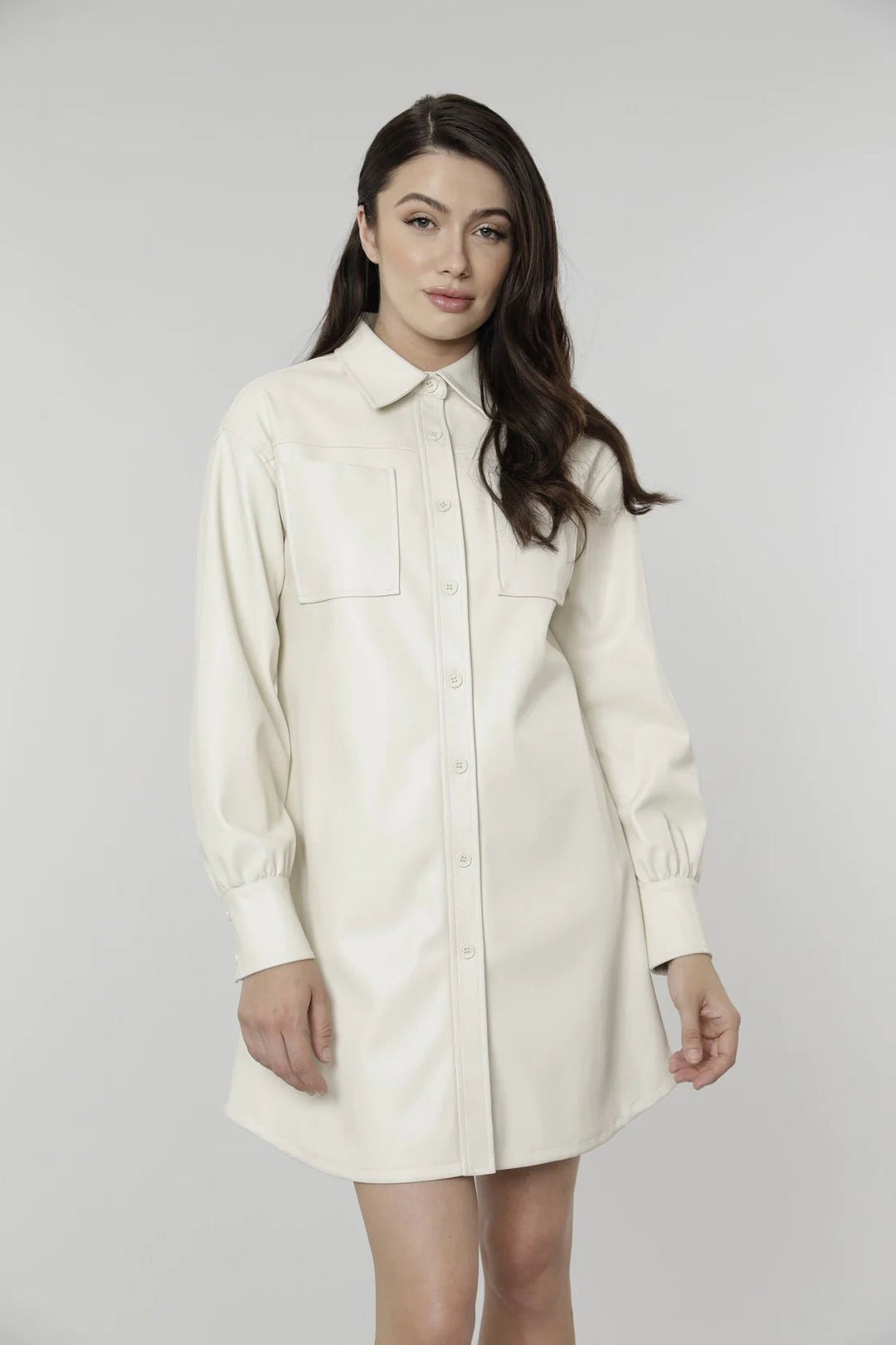 Vegan Leather Shirt Dress - Dolce Cabo - Lush Lemon Vegan Leather Shirt Dress - Dolce Cabo - Lush Lemon
