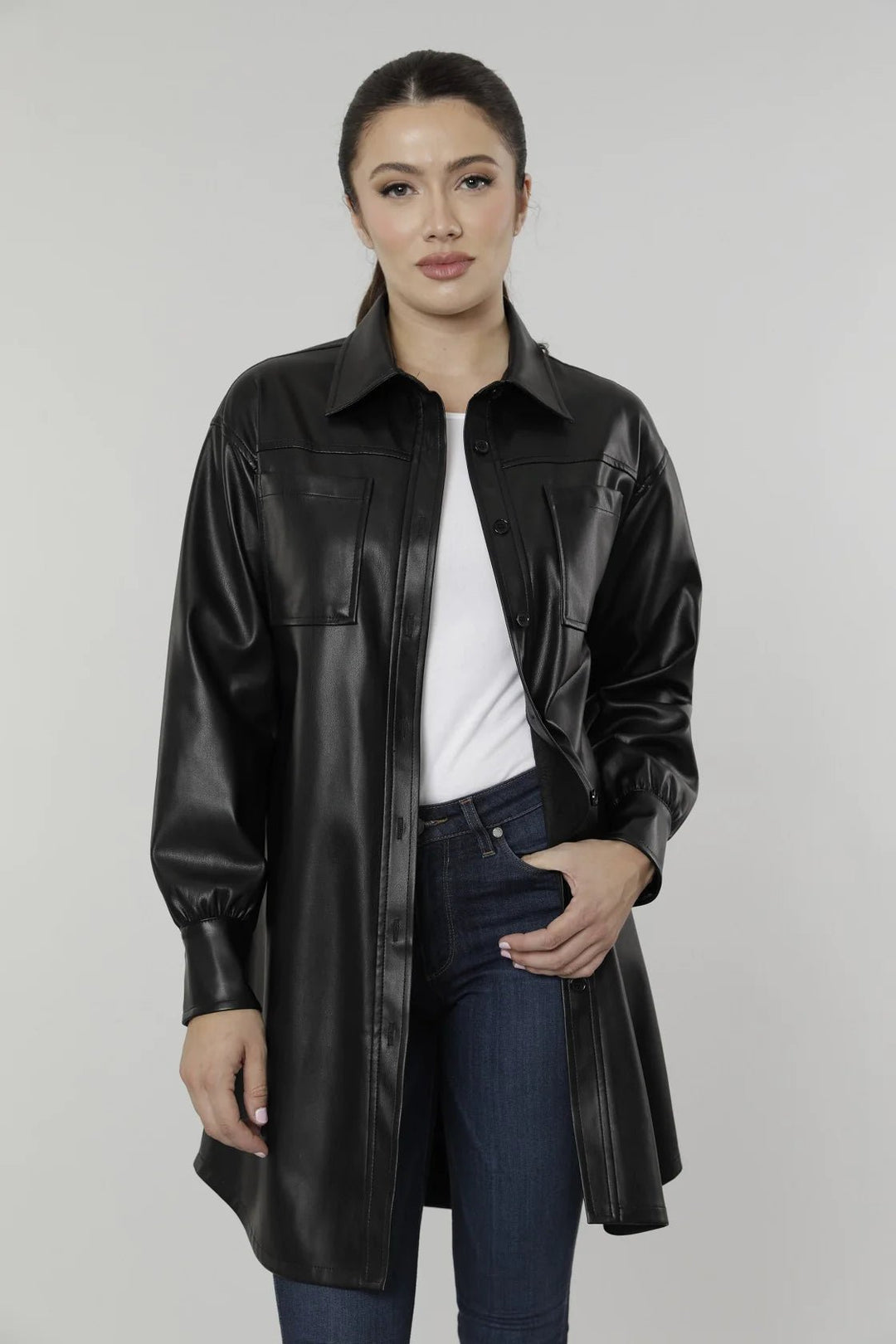 Vegan Leather Shirt Dress - Dolce Cabo - Lush Lemon Vegan Leather Shirt Dress - Dolce Cabo - Lush Lemon