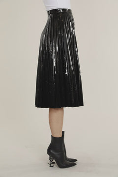 Vegan Patent Leather Pleated Skirt - Lush Lemon - Women&