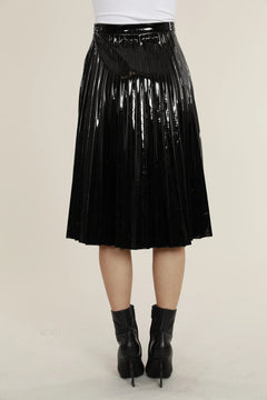 Vegan Patent Leather Pleated Skirt - Lush Lemon - Women&