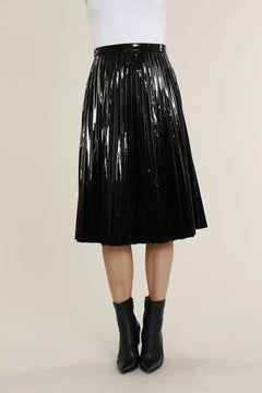 Vegan Patent Leather Pleated Skirt - Lush Lemon - Women&