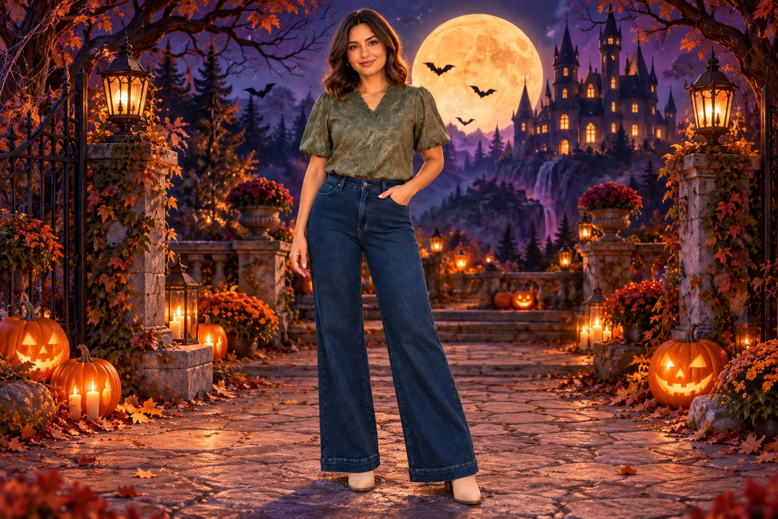 Full-length indigo wide-leg jeans in a purple moonlit Halloween castle garden