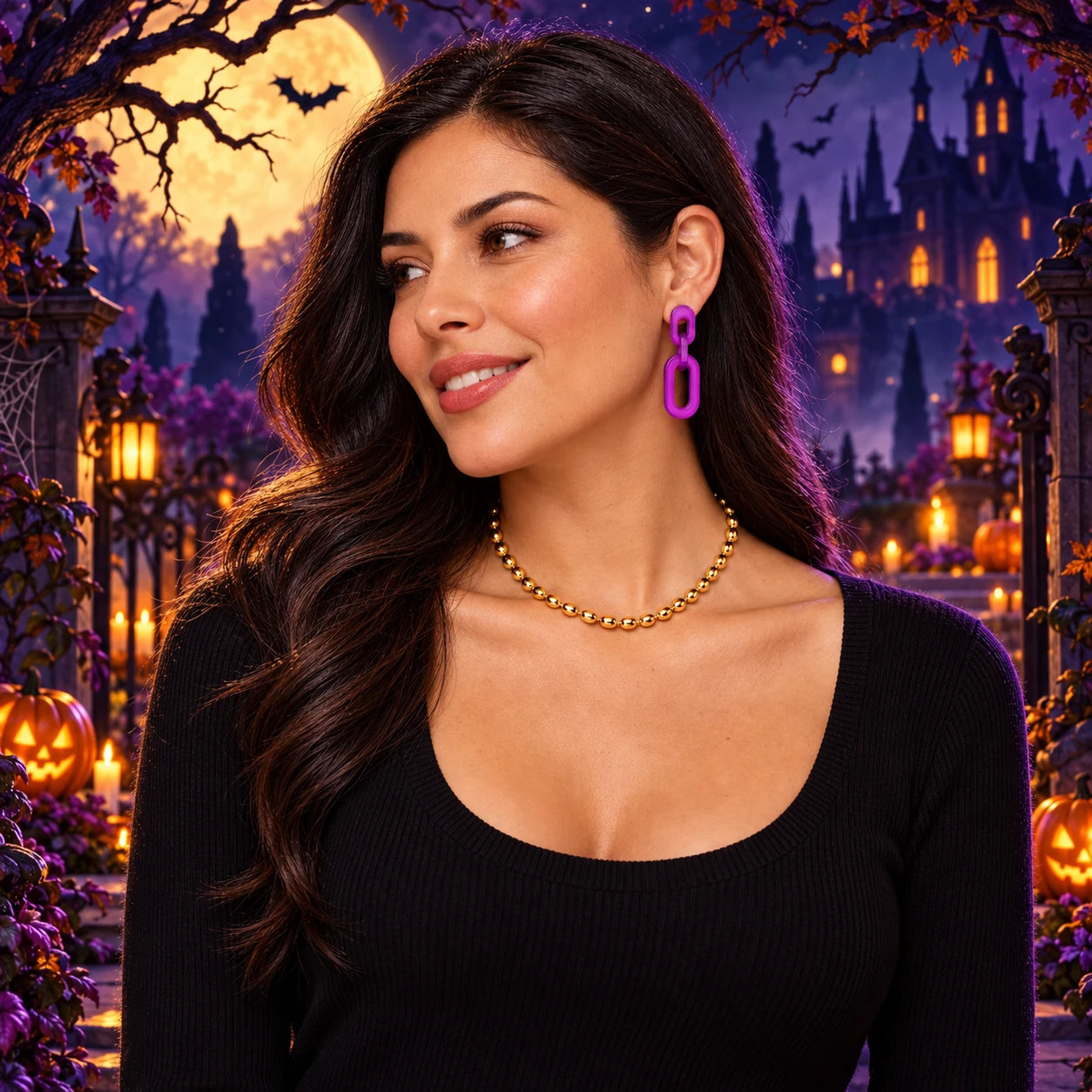 Lush Lemon Halloween jewelry campaign, gold moon and violet castle setting