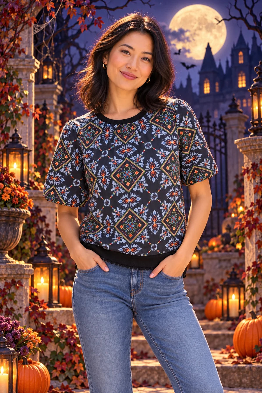 Navy ornamental top in a moonlit purple Halloween castle garden