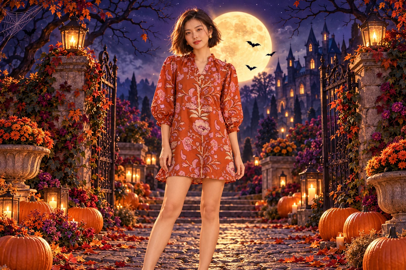 Lush Lemon Halloween women campaign, gold moon and violet castle setting